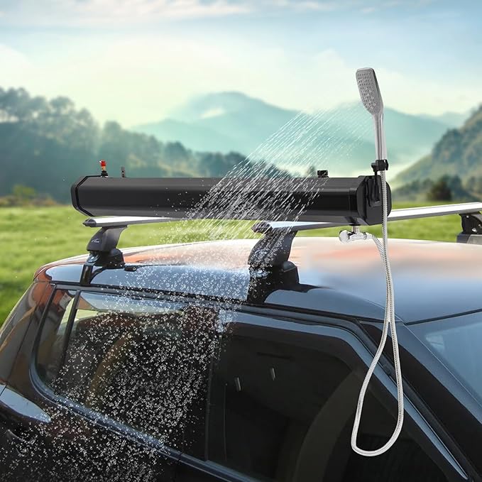 Solar-Powered Roof-Mounted Camping Shower - 4.76 Gallon Portable Water Tank w/ 1.6Bar Pressure Shower Head for Outdoor Cleaning, Surfing, RV, Off-Road & Camping - Black