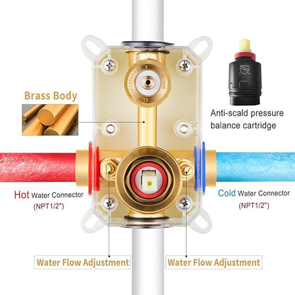 Gabrylly Gold Shower Head System, Shower Faucet Set with Pressure Balance Shower Valve, 10 Inch Shower Heads with 5-Setting handheld Spray Combo, High Pressure Shower Fixtures, Brushed Gold
