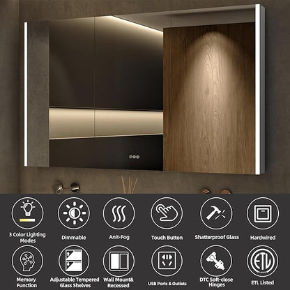 Medicine Cabinet with LED Lights and Mirror, 60 x 32 Inch Surface or Recessed Mounted Bathroom Cabinets with Door, Defogger, Memory Function, 3-Color Mode, Outlet&USB, Dimmer, Storage Shelf