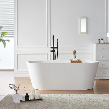 Cpingao 71" Stone Resin Freestanding Bathtub, Contemporary Oval Solid Surface Soaking Stand Alone Tub, Matte White, Drain & Overflow Included 8816-1800
