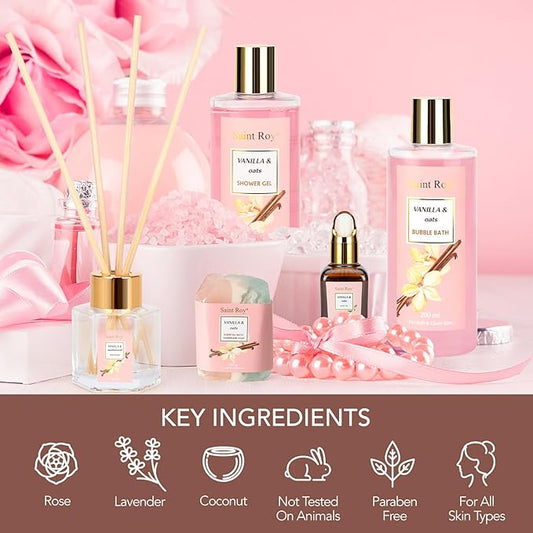 Bath and Body Gift Baskets for Women, 12 Pcs Vanilla Oat Spa Gifts for Women. Bath Gift Set Enriched Shea Butter. Home Spa with Shower Gel, Body Oil, Saint Roy Gifts for Mom