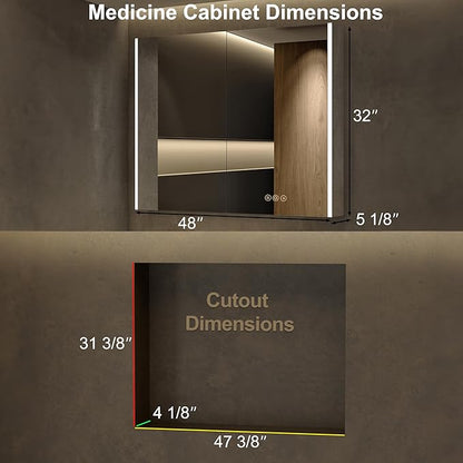 Medicine Cabinet with LED Lights and Mirror, 48 x 32 Inch Surface or Recessed Mounted Bathroom Cabinets with Door, Defogger, Memory Function, 3-Color Mode, Outlet&USB, Dimmer, Storage Shelf
