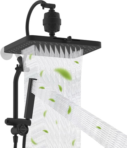 Hibbent 5-spray Filtered Rainfall Shower Head Combo, High Pressure 13'' Showerhead with Stainless Steel 4 Spray Modes Handheld, All Metal 4-way Diverter Arm, Pause Mode, 71'' Hose& Holder, Matte Black
