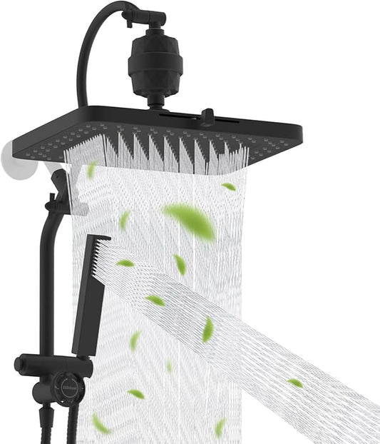 Hibbent 5-spray Filtered Rainfall Shower Head Combo, High Pressure 13'' Showerhead with Stainless Steel 4 Spray Modes Handheld, All Metal 4-way Diverter Arm, Pause Mode, 71'' Hose& Holder, Matte Black