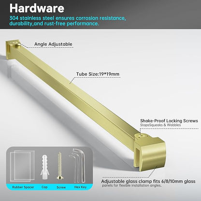 Frameless Shower Door Support Bar, Stainless Steel Wall-to-Glass Support Arm to Fixed Shower Glass Panel, for 1/4"-3/8" (6-10 mm) Door, 180° Pivot & Stow-Flat Mode (Brushed Gold, 51.2-inch(1300mm))