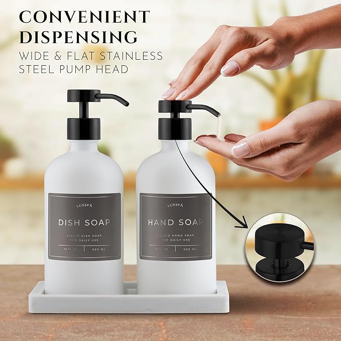Lotion, Hand & Dish Soap Dispenser for Kitchen Sink - Bathroom Soap Dispenser Set of 2 16.8 Oz Glass Bottles with Stainless Steel Pump, 15 Water Proof Labels & Silicon Tray (White/Black)