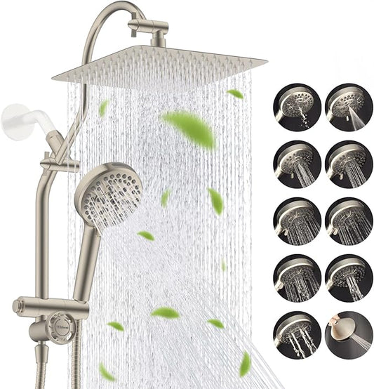 Hibbent cUPC Certified All Metal 10" Rainfall Showerhead Combo, High Pressure Shower Head with 10 Spray Handheld, Innovative 4-way Diverter with Pause Mode, 71'' Shower Hose and Holder, Brushed Nickel