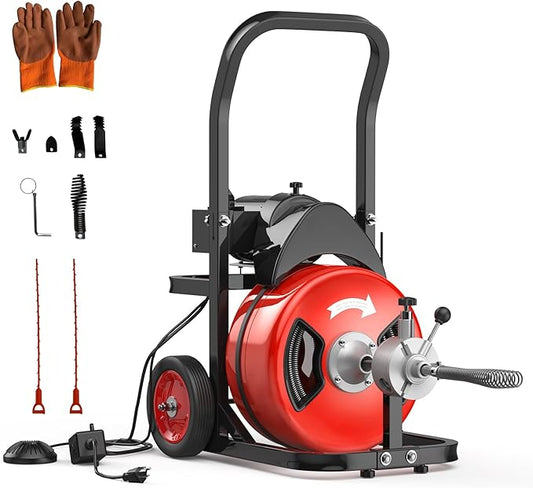 100Ft 3/4 Inch Cable Drain Cleaning Machine, 450W Auto Feed Portable Electric Sewer Snake, Electric Drain Auger with 4 Cutter Air-Activated Foot Switch for 2" to 4" Pipes