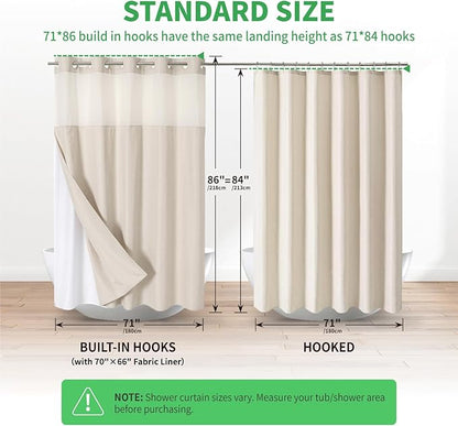 Extra Long No Hooks Needed Linen Textured Shower Curtain with Snap-in Fabric Liner Set,Cream Hotel Luxury Decor Shower Curtains for Bathroom,Waterproof & Washable,71Wx86H