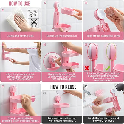 TAILI Double Layer Soap Dish Holder Suction Cup, Strong Sponge Holder for Shower, No Tools Soap Saver for Bathroom, Tub and Kitchen Sink, Shower Accessories, Drill-Free, Removable, Pink