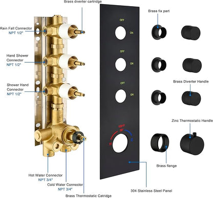 Matte Black 3 Way Shower Diverter Valve - 3 Function Thermostatic Mixer Brass Valve with Individual On/Off Flow Control for Shower Arm & Shower Kit