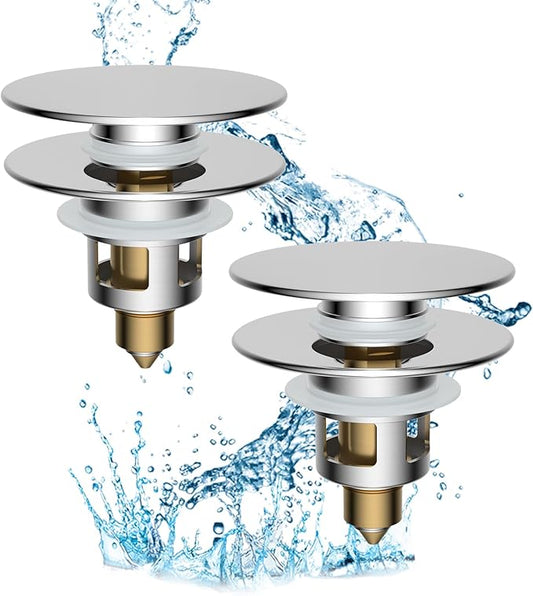 Hibbent 2 Pack All Metal Upgraded Bathroom Sink Stopper, Universal Pop Up Sink Drain Strainer, Brass Bullet Core Push Type Sink Stopper for 1.1''~2.3''' Basin, Anti Clogging Drain Filter, Chrome