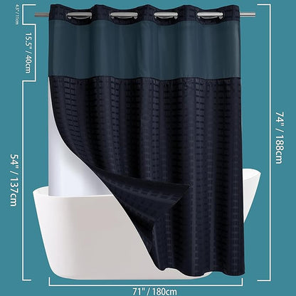 Conbo Mio No Hook Shower Curtain with Snap in Liner Set, Hotel Luxury Black Shower Curtains for Bathroom with See Through Top Window, Waterproof, Washable 71W x 74H