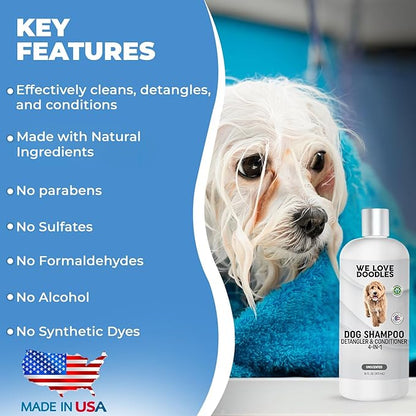 Dog Shampoo, Conditioner & Detangler - Best Shampoo for Goldendoodles, Poodles & Doodles - for Matted Pet Hair - Sensitive Skin Shampoo for Puppies - Made in The USA, 16OZ (Unscented)