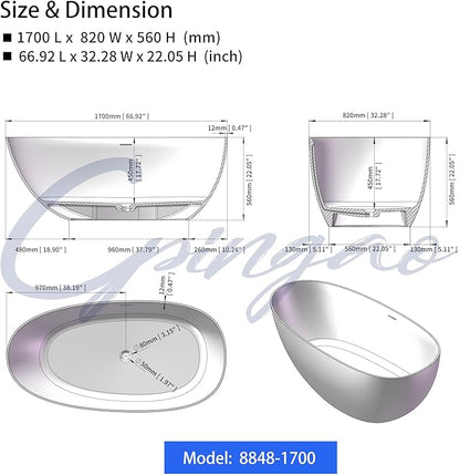 Cpingao 67" Stone Resin Freestanding Bathtub, Egg Shell Solid Surface Soaking Stand Alone Tubs with Pop-up Drain and Overflow, Matte White 8848-1700