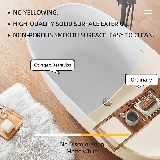 Cpingao 66.9"Lx33.5"Wx22"T Stone Resin Solid Surface Freestanding Bathtub, Modern Elegant Design Soaking Stand Alone Tub, Matte White, Nickel Drain and Overflow Included 8823A