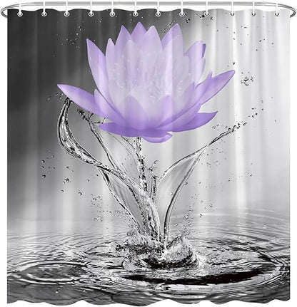 Lotus Shower Curtain Black White Grey Violet Flower Elegant Blooming Floral with Dew Spring Flower Reflection on Water Modern Romantic Polyester Fabric Bathroom Decor 36×70 Inch with Hook