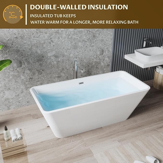 59" Freestanding Bathtub，Acrylic Deep Soak Tub, Glossy White, Easy Install with Overflow & Drain