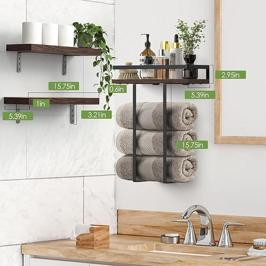 Towel Racks for Bathroom-Wall Mounted Floating Shelves for Wall Bathroom Bedroom Kitchen Living Room, Hanging Book Shelves Decor Bathroom Organizer, 16 inch Solid Wood, Carbonized Rustic Brown