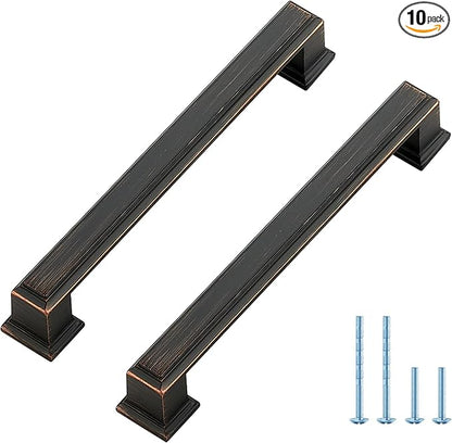 Ravinte Hardware 10 Pack Oil Rubbed Bronze Cabinet Pulls, 5 Inch (128mm) Hole Center Zinc Alloy Drawer Handles for Kitchen Cabinets, Cupboards, Dressers, Square Solid Metal Hardware