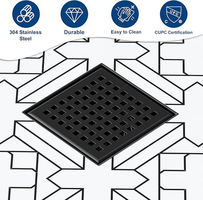 Neodrain 4 Inch Square Shower Drain with Removable Quadrato Pattern Grate, Matte Black 304 Stainless Steel Square Drain, with Watermark&CUPC Certified, Hair Strainer