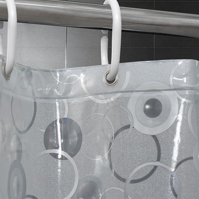 AooHome Plastic 66 inch Short Shower Curtain Liner - EVA 3D Circle Pattern Design Bathroom Shower Curtain with Hooks, 5 Bottom Magnets, 10G Heavy Duty, Water Repellent, Semi Transparent, 72x66 Inch
