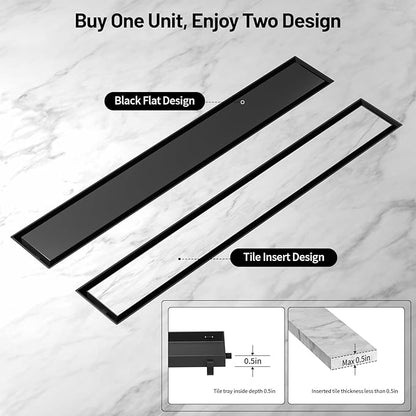 Linear Shower Drain, 304 Stainless Steel with Adjustable Leveling Feet, Hair Strainer,Reversely Install Place to Create an Invisible Floor Drain - Black -60-Inch