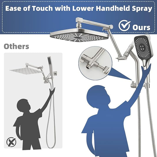12" High Pressure Rain/Rainfall Shower Heads With Handheld Spray Combo (3+1 Settings & Built-in Power Wash Mode), Double/Dual Shower Head With Handheld - Height/Angle Adjustable(Brushed Nickel)