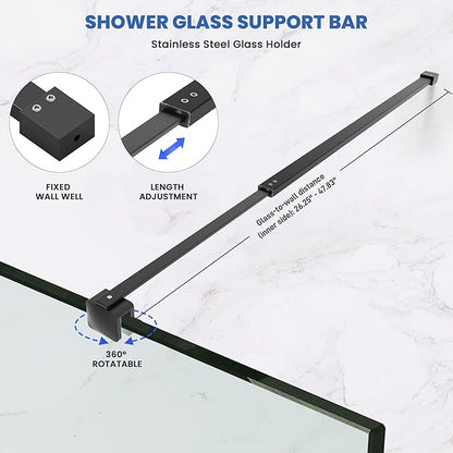 Shower Door Glass Support Bar, 26.96" to 48.54" Adjustable Stainless Steel Wall-to-Glass Shower Stabilizer Rod for 1/4", 5/16", 3/8", Matte Black