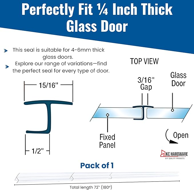 Frameless Shower Door Side Seal Strip H-Type 180 Degree 72 inch Length, Clear (1, 1/4 inch Glass)