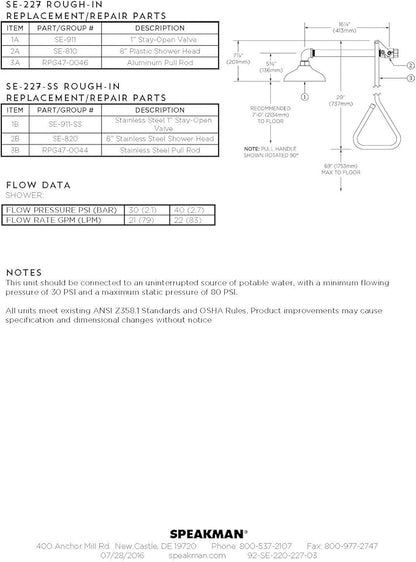 Speakman SE-220-SS Lifesaver Vertical Supply Emergency Shower, Stainless Steel