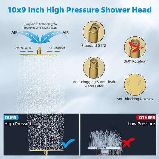 Hibbent All Metal cUPC Certified Rain Shower Head, 10'' High Pressure Rainfall Showerhead with 16" Shower Head Extension Arm, Brass Adjustable Shower Arm Extender, fixed Showerheads, Brushed Gold
