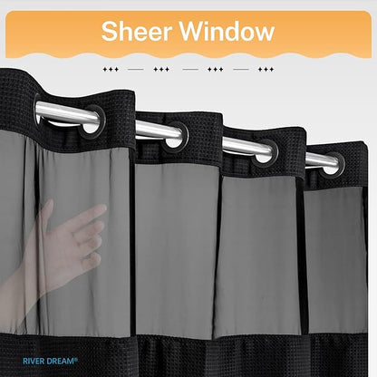 River Dream Heavyweight No Hooks Required Dotted Waffle Weave Shower Curtain with Snap in Liner -Stall 54W x 80H,Hotel Grade,Spa Like Bath Curtain,Black