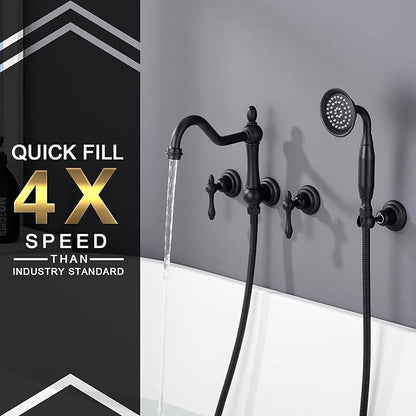 SUMERAIN Matte Black Wall Mounted Bathtub Faucet with Sprayer, Traditional High Flow Tub Faucet Set,Rough-in Valve Included