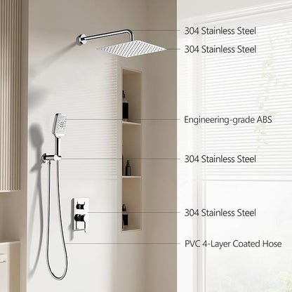 Shower Faucet Set - 12 inches Rain Shower System with 6 Function Handheld Shower Head Rough in Pressure Balance Valve Kit - Stainless Steel Bathroom Shower Kit Complete （Polished Chrome）