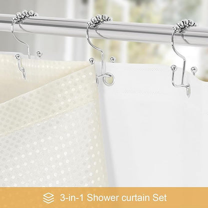 3 in 1 Extra Long Cream Shower Curtain Set-72 W x 84 H, Ivory Waffle and PEVA Liner Set with 12 Stainless Steel Hooks, Waterproof Fabric for Bathroom