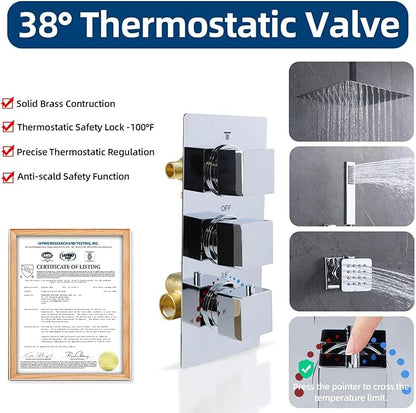 HOMEDEC Brass 3 Way Shower Diverter Valve, Thermostatic 3 Handle Control Shower Mixing Valve Trim Kit Replacement, Rough In, Chrome