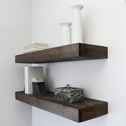 Urbandi Modern Floating Shelves 3 Inches Thick for Wall, Wide Shelves for Kitchen, Living Room, Bedroom, and Bathroom, Natural Pine Wood, Rustic Wooden Shelf, (Set of 2) (Jacobean, 60Lx3Hx8D)