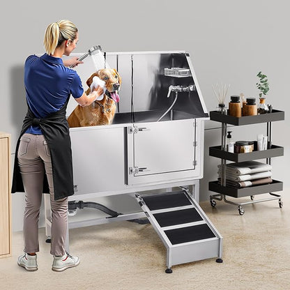 VEVOR Stainless Steel Dog Washing Station, 50 inch Pet Grooming Tub w/Ramp, PE Water Filter Board, Faucet & Showerhead & Soap Holder Dog Bathtub for Large & Medium & Small Pets (Right Door)
