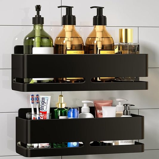 Shower Caddy, 2-Pack Shower Shelf, Heavy-Duty Bathroom Storage Shelf, Large Capacity No-Drill Bathroom Organizer, Black Metal Storage Basket, Adhesive Installation