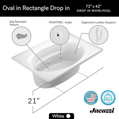 Jacuzzi SIGNATURE Acrylic Drop-In Bathtub, Heated Jet Massage Tub, Slip Resistant, Right Drain Placement, 72" (L) x 42" (W), Oval In Rectangle, White