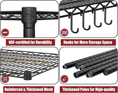 PrimeZone 55.5" W x 24" D x 80" H Heavy Duty Wire Storage Shelves with Wheels, 4 Tier Adjustable NSF Certified Garage Shelving Unit, Rolling Metal Organizer Shelf Rack for Warehouse, Pantry, Black