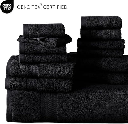 LANE LINEN 100% Cotton Luxury Towel Set for Bathroom - 16 Pieces, Ring Spun - Super Plush, Very Soft & Absorbent - 4 Bath Towels, 8 Washcloths, 4 Hand Towels - Suitable for All Skin Types - Black