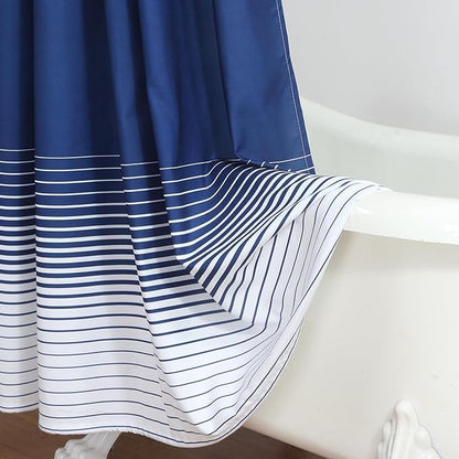 90 Inch Blue Shower Curtain, Extra Long Modern Navy Blue and White Gradient Horizontal Stripe Waterproof Polyester Shower Curtains for Bathroom, 72x90 Inches