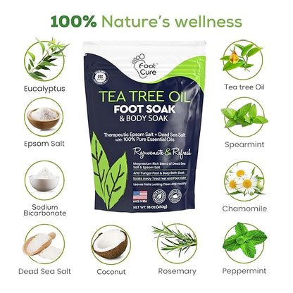 FOOT CURE Tea Tree Oil Foot Soak with Epsom Salts- for Foot Pain, Soreness, Athletes Foot, Odors, Toe Nail Fungus, Fungal, Calluses (Pack of 4)
