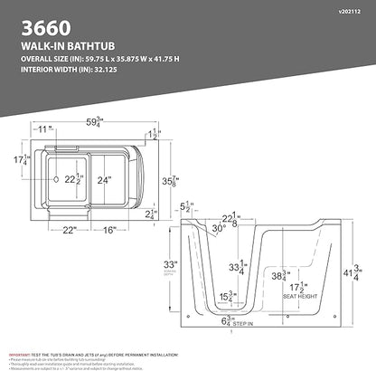 ANZZI Tubs Series Right Drain Quick Fill Walk-In Whirlpool and Air Tub with Powered Fast Drain in White Finish 36 in. x 60 in. | AMZ3660RWD