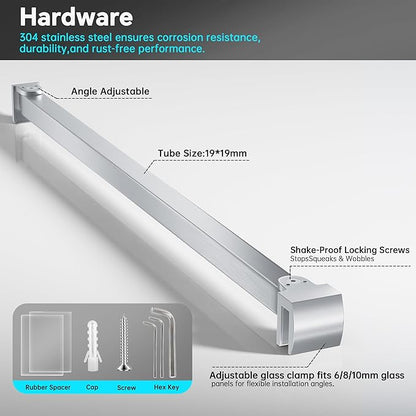 Frameless Shower Door Support Bar, Stainless Steel Wall-to-Glass Support Arm to Fixed Shower Glass Panel, for 1/4"-3/8" (6-10 mm) Door, 180° Pivot & Stow-Flat Mode (Brushed Nickel, 31.5-inch(800mm))