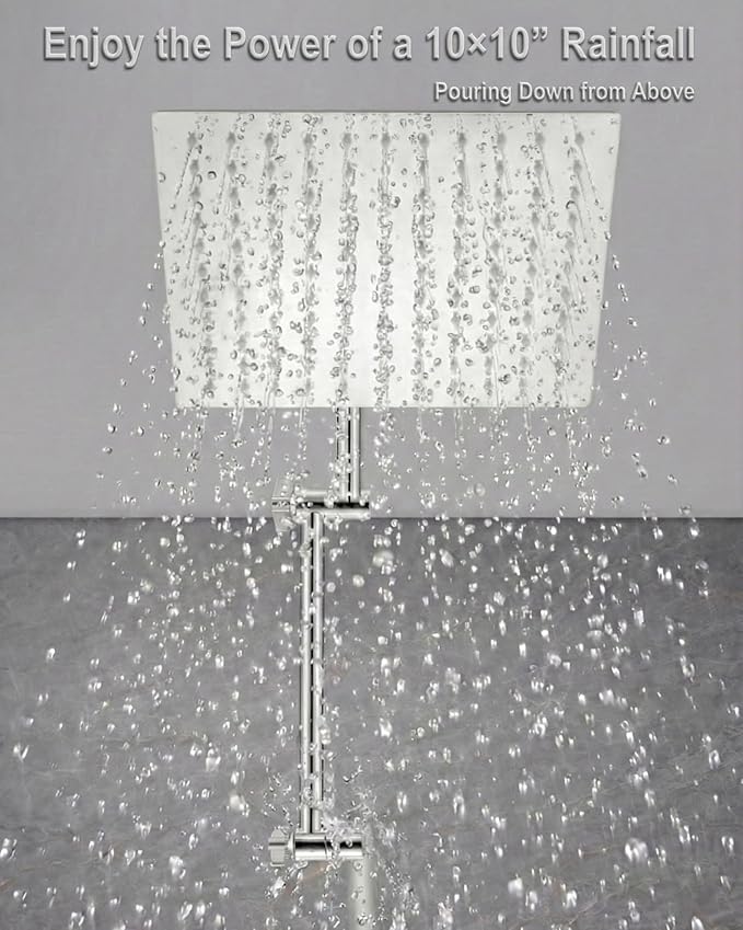 All Metal Rain Shower Head, 10'' High Pressure Rainfall Square Showerhead with 16" Shower Head Extension Arm, Brass Adjustable Shower Arm Extender, Waterfall fixed Showerheads, Chrome