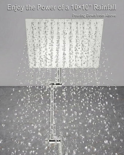 All Metal Rain Shower Head, 10'' High Pressure Rainfall Square Showerhead with 16" Shower Head Extension Arm, Brass Adjustable Shower Arm Extender, Waterfall fixed Showerheads, Chrome