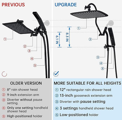 G-Promise All Metal 12 Inch Shower Head with Massage Mode Handheld, Rain Shower Head with Handheld Spray Combo, 3-Way Diverter with Pause Setting, 13 Inch Adjustable Extension Arm (Matte Black)